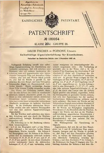 Original Patentschrift - J. Fischer in Pozsony , Ungarn , 1905 , Signaleinrichtung für Eisenbahn , Bratislava !!!