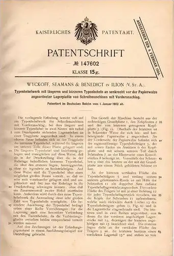 Original Patentschrift - Wyckoff , Seamans & Benedict in Ilion , USA , 1902 , Typenhebelwerk für Schreibmaschine !!!