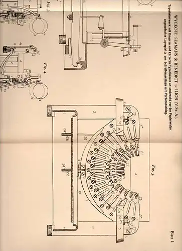 Original Patentschrift - Wyckoff , Seamans & Benedict in Ilion , USA , 1902 , Typenhebelwerk für Schreibmaschine !!!