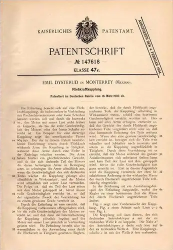 Original Patentschrift - E. Dysterud in Monterrey , Mexico , 1903 , Fliehkraftkupplung , Kupplung !!!