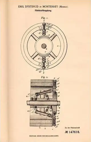 Original Patentschrift - E. Dysterud in Monterrey , Mexico , 1903 , Fliehkraftkupplung , Kupplung !!!