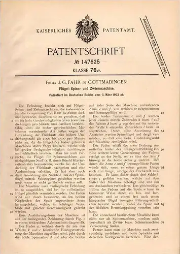 Original Patentschrift - Fa. J. Fahr in Gottmadingen , 1903 , Zwirn- und Spinnmaschine !!!