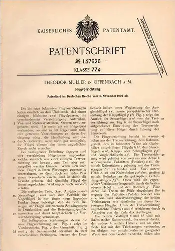 Original Patentschrift - Flugapparat , Flugzeug , 1902 , Th. Müller in Offenbach a. Main !!!
