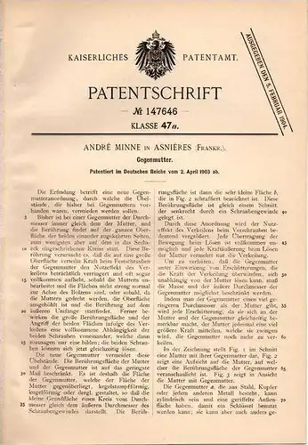 Original Patentschrift - André Minne in Asnieres , 1903 , Gegenmutter , Mutter , Schraube !!!