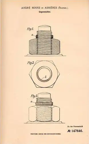 Original Patentschrift - André Minne in Asnieres , 1903 , Gegenmutter , Mutter , Schraube !!!