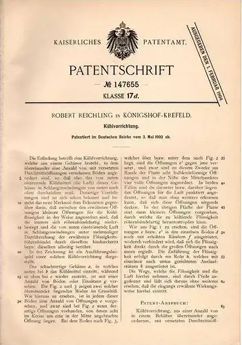 Original Patentschrift - R. Reichling in Königshof - Krefeld , 1902 , Kühlvorrichtung , Kühler !!!