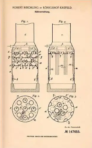 Original Patentschrift - R. Reichling in Königshof - Krefeld , 1902 , Kühlvorrichtung , Kühler !!!