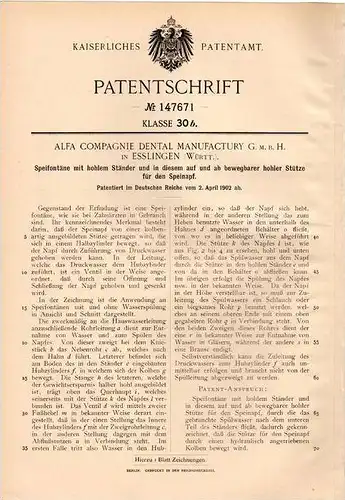 Original Patentschrift - Alfa Dental GmbH in Esslingen , Württ. , 1902 , Speifontäne für Speinapf , Zahnarzt !!!