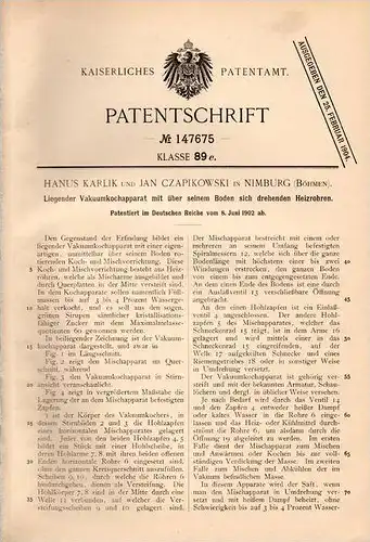 Original Patentschrift - H. Karlik in Nimburg , Böhmen , 1902 , Liegender Kochapparat , Nymburk !!!