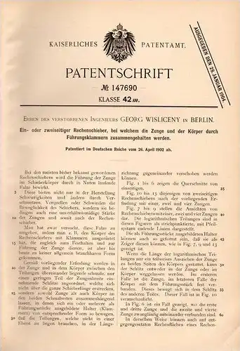 Original Patentschrift - Erben des Georg Wisliceny in Berlin , 1902 , Rechenschieber , Mathematik !!!