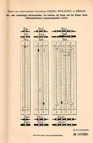 Original Patentschrift - Erben des Georg Wisliceny in Berlin , 1902 , Rechenschieber , Mathematik !!!