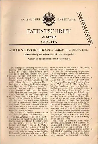 Original Patentschrift - A. Brightmore in Egham Hill , Surrey , 1902 , Lenkvorrichtung für Motorwagen , Automobile !!!