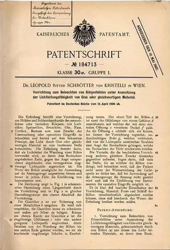 Original Patentschrift - Dr. Leopold Schrötter von Kristelli in Wien , 1906 , Apparat zur Beleuchtung von Körperhöhlen !