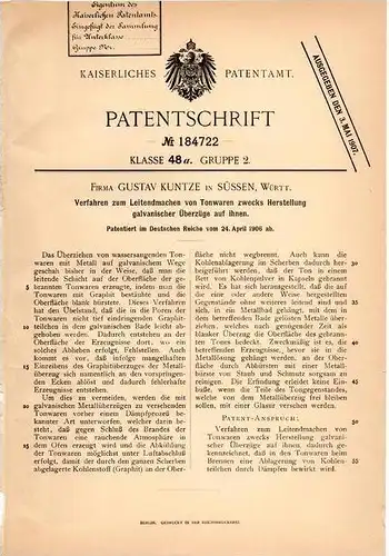 Original Patentschrift - Fa. G. Kuntze in Süßen , Württ., 1906 , leitende Tonwaren für galvanische Überzüge !!!