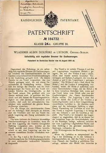 Original Patentschrift - W. Dolinski in Ustron , Schlesien , 1906 , Brenner für Gasfeuerung , Heizung !!!
