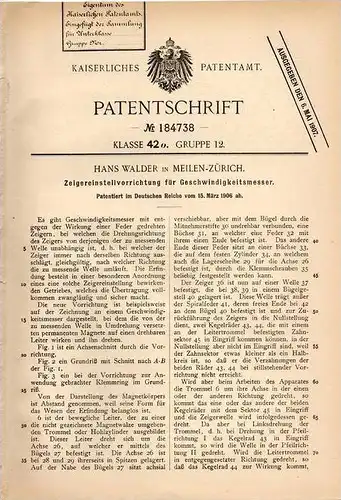 Original Patentschrift - Hans Walder in Meilen - Zürich , 1906 , Zeigereinsteller für Geschwindigkeitsmesser , Tacho !!!