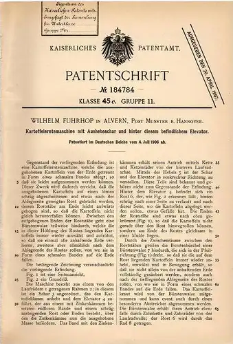 Original Patentschrift - W. Fuhrhop in Alvern , Post Munster b. Hannover ,1906 , Kartoffelerntemaschine , Landwirtschaft