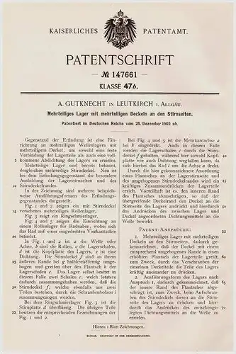 Original Patentschrift - A. Gutknecht in Leutkirch i. Allgäu , 1902 , Mehrteilige Lager , Wellenlager !!!