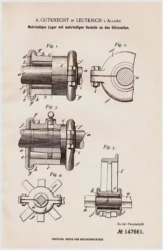 Original Patentschrift - A. Gutknecht in Leutkirch i. Allgäu , 1902 , Mehrteilige Lager , Wellenlager !!!