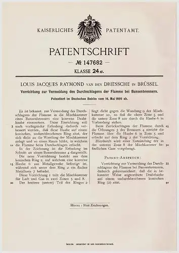 Original Patentschrift - L.J. Raymond van den Driessche in Brüssel , 1899 , Apparat für Bunsenbrenner , Brenner !!!