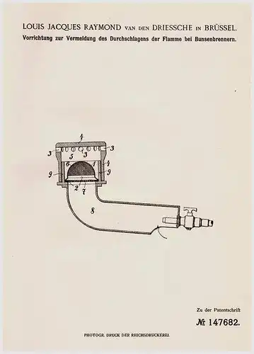 Original Patentschrift - L.J. Raymond van den Driessche in Brüssel , 1899 , Apparat für Bunsenbrenner , Brenner !!!