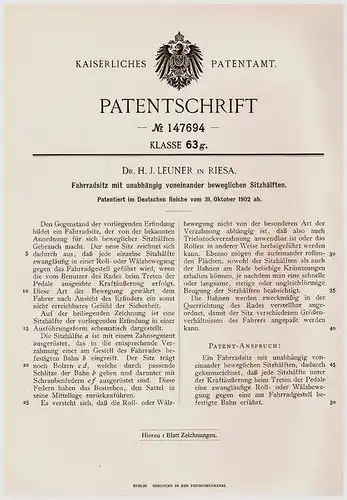 Original Patentschrift - Dr. H. J. Leuner in Riesa , 1902 , Sitz für Fahrrad mit zwei Sitzhälften , Sattel !!!