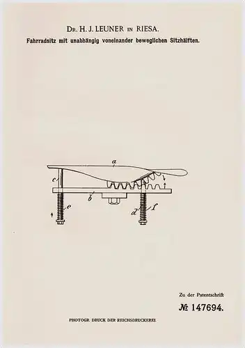 Original Patentschrift - Dr. H. J. Leuner in Riesa , 1902 , Sitz für Fahrrad mit zwei Sitzhälften , Sattel !!!
