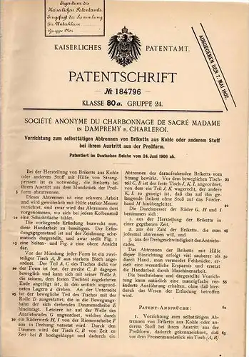 Original Patentschrift - Charbonnage de Sacré Madame in Dampremy b. Charleroi , Apparat für Brikett aus Kohle !!!