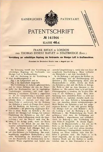 Original Patentschrift - T. Bayley in Stalybridge , England , 1901 , flüssige Luft in Kraftmaschinen !!!