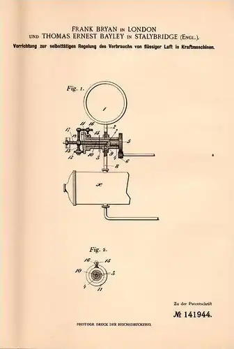 Original Patentschrift - T. Bayley in Stalybridge , England , 1901 , flüssige Luft in Kraftmaschinen !!!