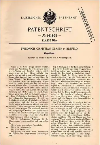 Original Patentschrift - F. Glaser in Brefeld b. Sulzbach , 1902 , Wagenkipper für Bergbau , Bergwerk , Lore !!!