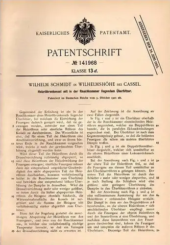 Original Patentschrift - W. Schmidt in Wilhelmshöhe b. Cassel , 1901 , Heizröhrenkessel  mit Überhitzer !!!