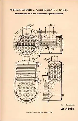 Original Patentschrift - W. Schmidt in Wilhelmshöhe b. Cassel , 1901 , Heizröhrenkessel  mit Überhitzer !!!