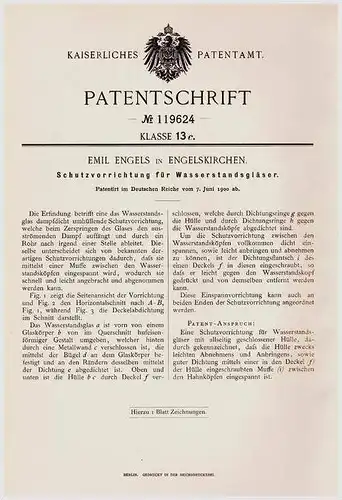Original Patentschrift - E. Engels in Engelskirchen , 1900 , Schutz für Wasserstandsgläser !!!