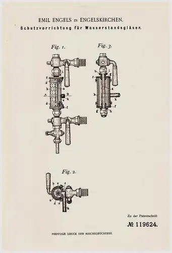 Original Patentschrift - E. Engels in Engelskirchen , 1900 , Schutz für Wasserstandsgläser !!!