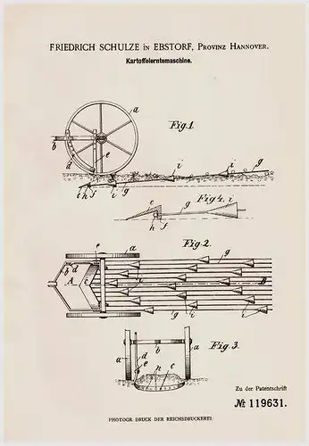 Original Patentschrift - F. Schulze in Ebstorf b. Uelzen , 1900 , Kartoffel - Erntemaschine , Landwirtschaft !!!
