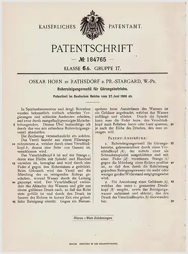 Original Patentschrift - O. Horn in Rathsdorf b. Pr. Stargard , 1906 , Ventil für Gährungsbetriebe , Brauerei !!!