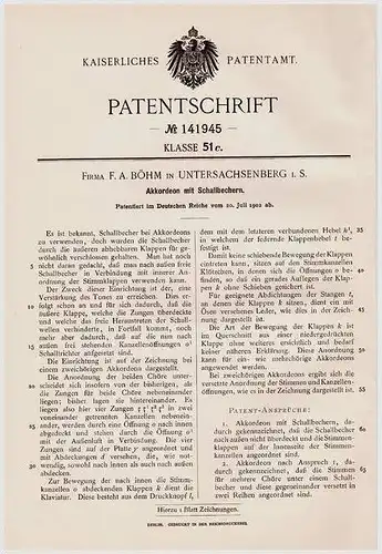 Original Patentschrift - Fa. F. Böhm in Unter - Sachsenberg i.S. b. Klingenthal , 1902 , Akkordeon mit Schallbechern !