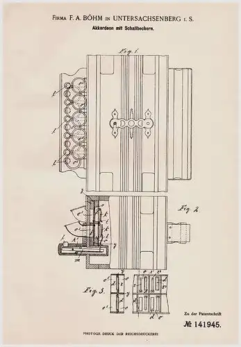 Original Patentschrift - Fa. F. Böhm in Unter - Sachsenberg i.S. b. Klingenthal , 1902 , Akkordeon mit Schallbechern !