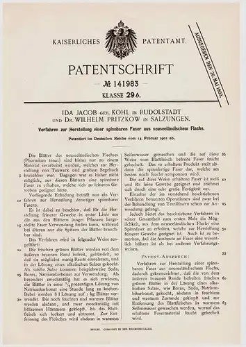 Original Patentschrift - Dr. W. Pritzkow in Salzungen und Rudolstadt , 1905, Spinnbare Faser aus neuseeländischem Flachs