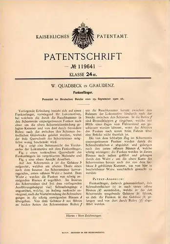 Original Patentschrift - W. Quadbeck in Graudenz , 1900 , Funkenfänger !!!