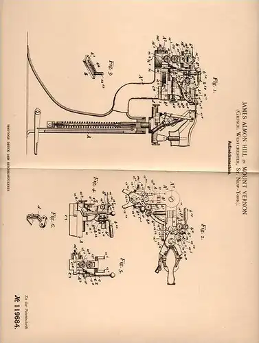 Original Patentschrift - J. Hill in Mount Vernon , Westchester , 1899 , Aufzwickmaschine !!!