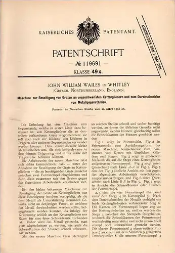 Original Patentschrift - J. Wailes in Whitley , Northumberland , England , 1900 , Maschine für Kettenglieder , Kette !!!