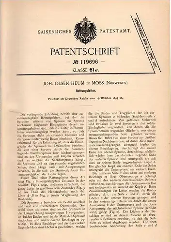 Original Patentschrift - J. Heum in Moss , Norwegen , 1899 , Rettungsleiter , Feuerwehr !!