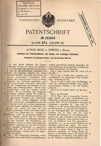 Original Patentschrift - Alfred Beck in Zobten a. Berge , 1905 , Schlitten für Putzschablone , Sobótka !!!