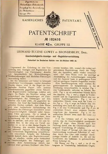 Original Patentschrift - L. Cowey in Brondesbury , 1905 , Tachometer , Tacho für Automobile , Motorrad  !!!