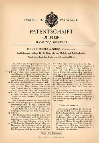 Original Patentschrift - R. Trebes in Nidda , Oberhessen , 1905 , Einzelteile für Modell- und Spielbaukasten , Bausteine