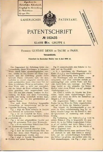 Original Patentschrift - Freiherr Gustave Denis de Taube in Paris , 1906 , Versandkiste !!!