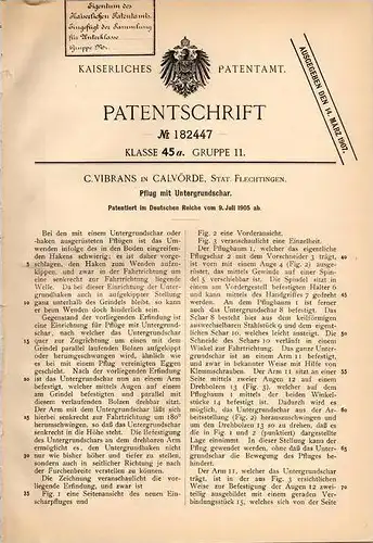 Original Patentschrift - C. Vibrans in Calvörde , Stat. Flechtingen , 1905 , Pflug mit Schar , Landwirtschaft , Ackerbau