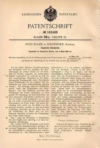 Original Patentschrift - Fritz Egger in Solothurn , Schweiz , 1906 , Federnde Kinnkette für Pferde , Pferd !!!